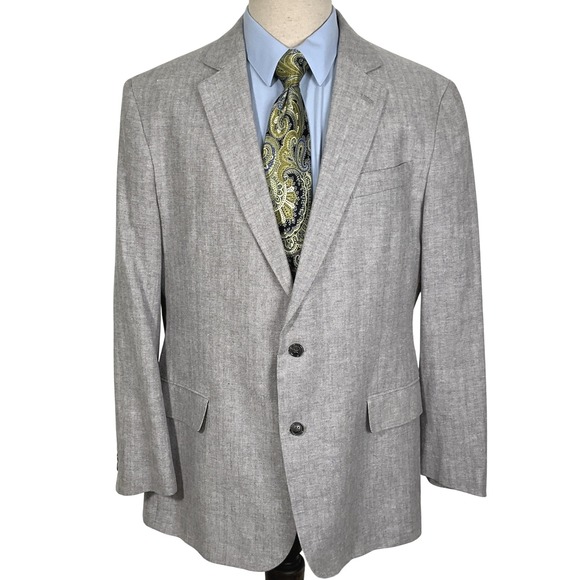 Stafford Blazer Men 46R‎ Gray Herringbone Linen Blend Jacket Spring Summer - Picture 1 of 12